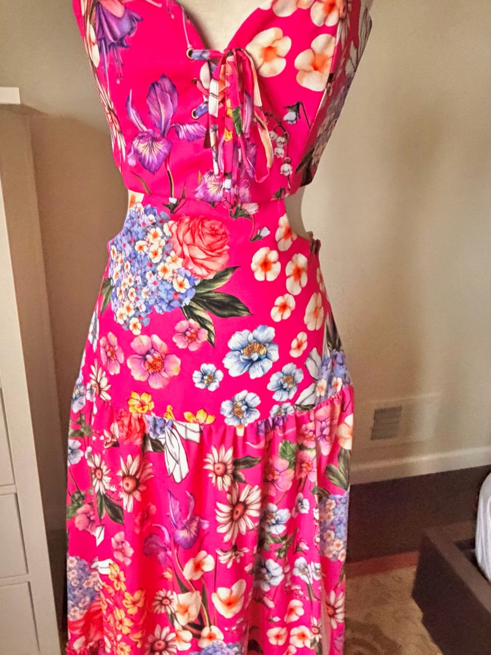 REVOLVE x Aguabendita Hot Pink Floral Lace-Up Cutout Maxi Dress M